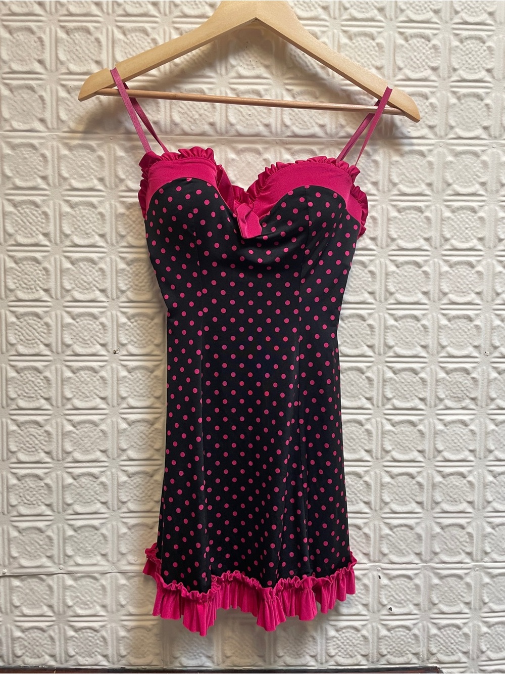 Victorias Secret Women’s Polka Dot Slip Dress - Black & Hot Pink
